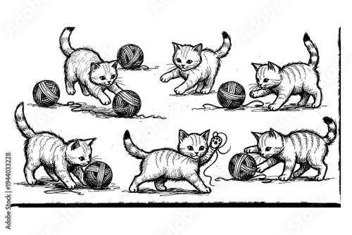 Playful kittens engaging with yarn balls in hand drawn sketch style