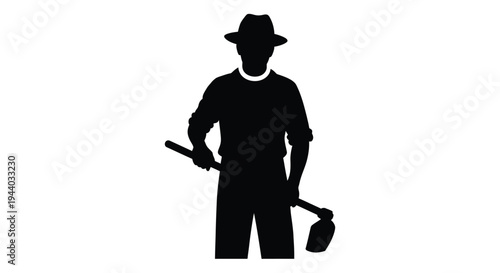 Silhouette of a farmer holding a hoe against a white background