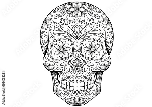Elaborate Sugar Skull Illustration with Intricate Floral and Swirl Patterns, Dia de los Muertos