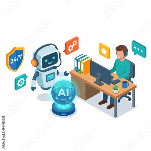 Robot and man working together at desk with computer and books
