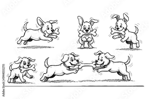 Playful puppies with bones in sketch style cartoon art