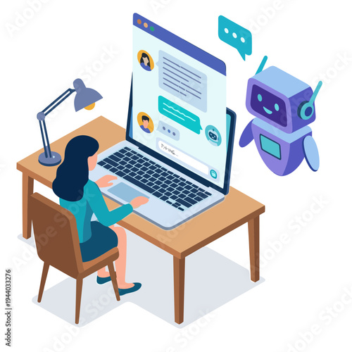 Woman interacts with robot on computer at desk in office setting