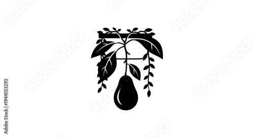 Stylized Pear Hanging from Branch with Leaves Illustration