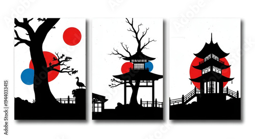 Japanese style silhouette landscape with pagodas and red rising sun