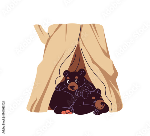 Cute family of bears sleeps in den under stump. Forest animals inside hollow tree while winter hibernation. Woodland characters in trunk hole. Flat isolated vector illustration on white background