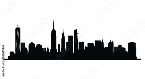 A stark black silhouette of the new york city skyline