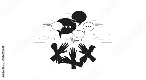 black silhouette illustration of hands and speech bubbles