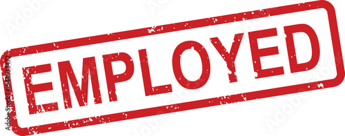 A vibrant red rubber stamp featuring the word EMPLOYED with a textured grunge effect on a white surface
