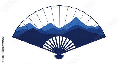 Minimalist asian folding fan with blue mountains on white background