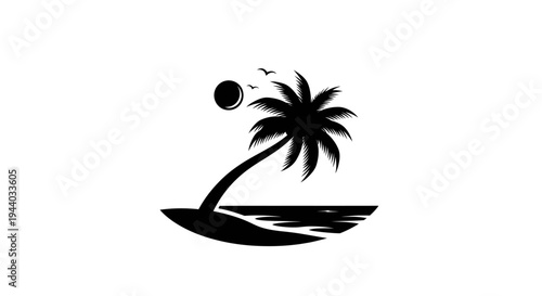 Silhouette of a Palm Tree and Sun Over Ocean Scene