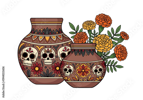 Traditional Mexican folk art pottery adorned with Day of the Dead skull motifs and marigold flowers