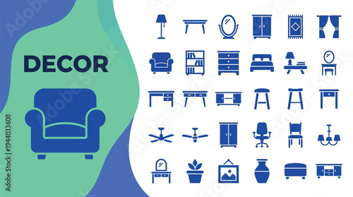 Interior design icons representing various furniture and decor items are.