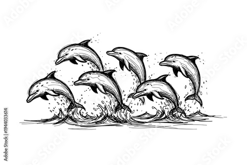Hand-drawn dolphins leaping in ocean waves