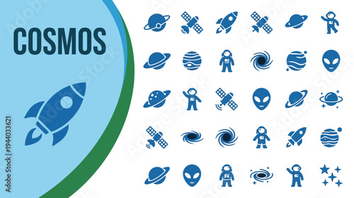 Cosmos icons depict space exploration elements including planets, aliens.
