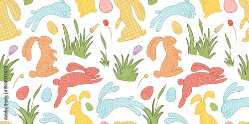 whimsical Easter seamless patterns Hand drawn set with bunny, eggs, flowers, grass. Naive sketch style spring pastel illustrations backgrounds for Easter greeting cards, nursery decor.