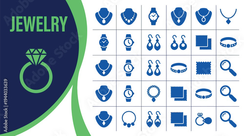 Jewelry icons showcase luxury accessories like necklaces, watches, and rings.