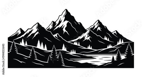 Dramatic mountain range and forest scene in a black and white style