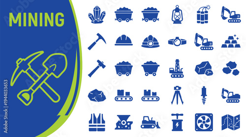 Mining equipment icons illustrate extraction industry concepts for.