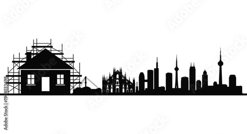 A silhouetted cityscape featuring a house under construction in foreground