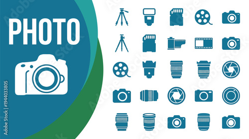 Photography icons display cameras, lenses, tripods, and film reels for media.