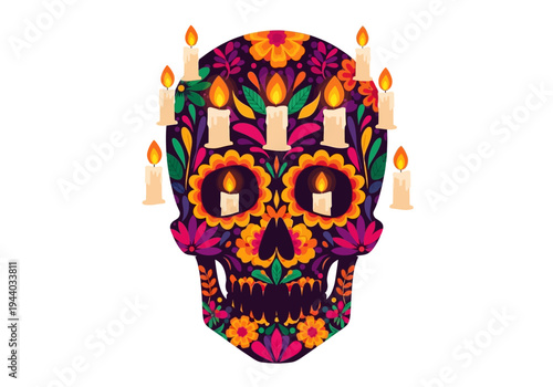 Dia de los Muertos Sugar Skull with Candles Illustration