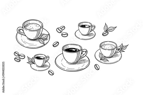 Hand-drawn coffee cups and beans with leaves in sketch style