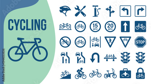 Cycling icons depict bicycles, traffic signs, and safety gear for.