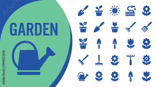 Garden tool icons feature watering cans, sprouts, and flowers for.