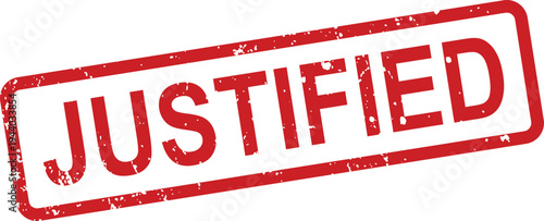 A vibrant red rubber stamp with a distressed texture showing the bold word justified on white