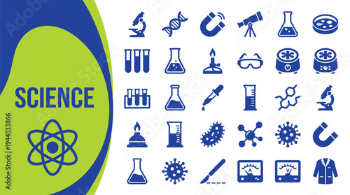 Science laboratory icons show microscopes, beakers, DNA strands, and atomic.