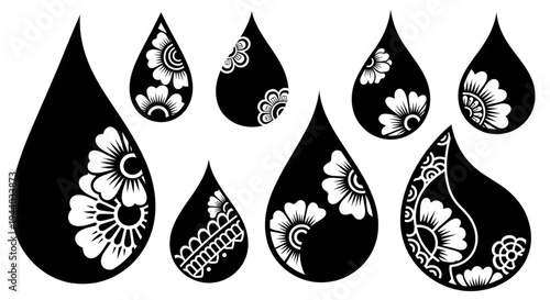 Henna inspired floral drops black and white vector elements