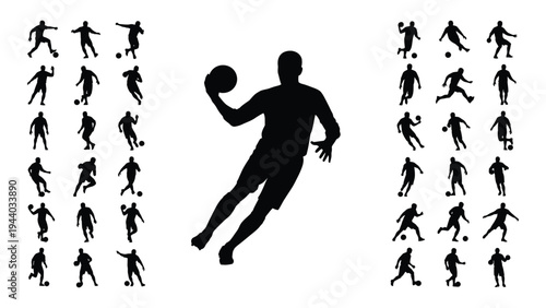 A silhouette of a male athlete in mid-air, throwing a ball, surrounded by multiple smaller silhouettes of various sports players in different poses, showcasing athletic movements and actions.