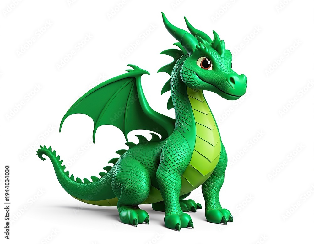 Fototapeta premium A small, green toy dragon sitting on a white surface, great for illustrations and designs