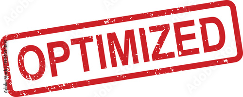 A vibrant red rubber stamp with a grunge texture displays the uppercase word OPTIMIZED on a white surface