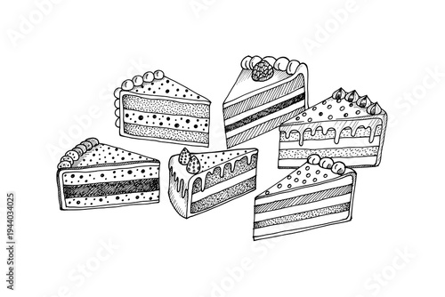 Hand drawn assorted cake slices with decorative toppings in black and white