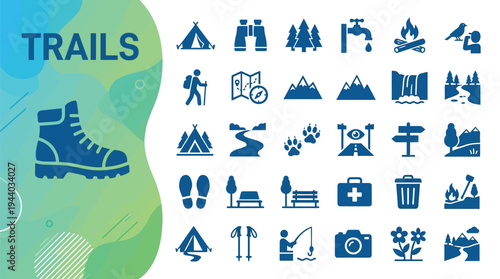 Hiking trail icons feature boots, tents, maps, and compasses for outdoor.