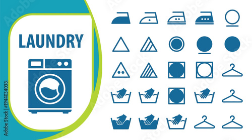 Laundry care symbols and washing machine icons provide garment instructions.