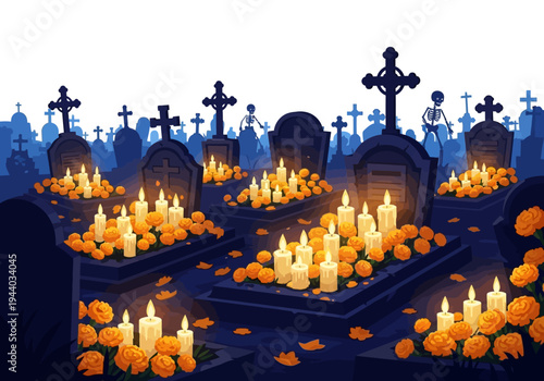 Dia de Muertos celebration in a cemetery with glowing candles and marigolds