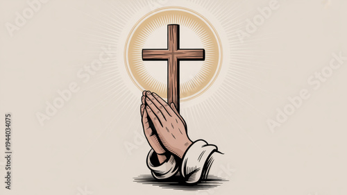 Praying hands with a cross in a circle symbolizing faith and spirituality in a simple illustration