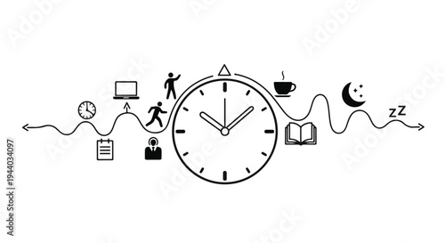 Time management and daily routine illustration with clock and icons
