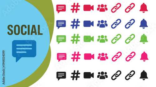 Social media icons feature vibrant color variations for digital.