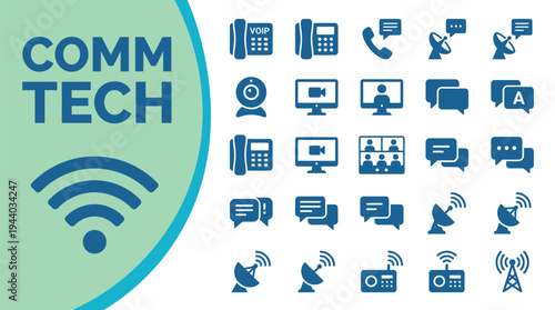 Communication technology icons emphasize telephony, video conferencing,.