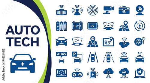 Automotive technology icons depict electric vehicle features and smart.