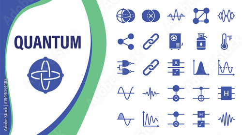 Quantum computing icons display abstract concepts related to physics.