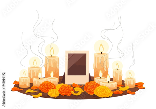 Day of the Dead altar with lit candles, marigold flowers, and a framed photograph, honoring remembrance