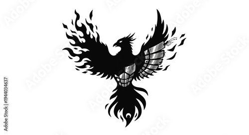 black phoenix bird rising from flames tattoo