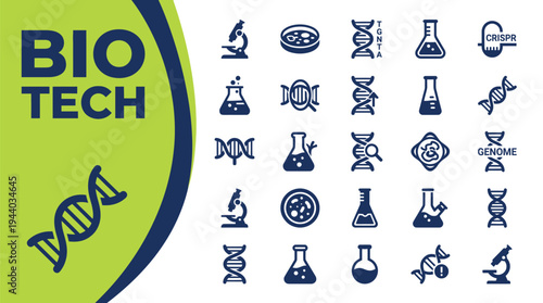 Biotech icon set displays laboratory equipment and genetic structures.