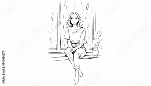 Woman sitting on a windowsill on a rainy day looking outside