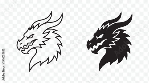 Majestic Dragon Heads in Black and White for Logo or Icon Designs isolated on Transparent Background