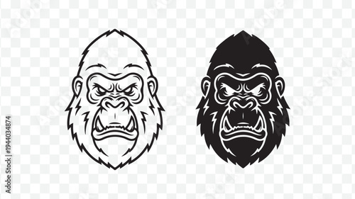 Angry Gorilla Heads in Black and White for Design Projects isolated on Transparent Background
